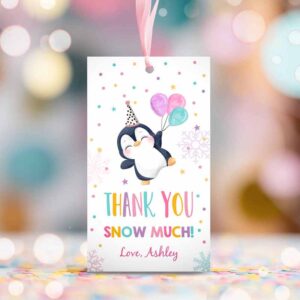2 editable penguin favor tag drive by birthday favors winter onederland snow thank you gift tags pink girl corjl template printable 0372 1