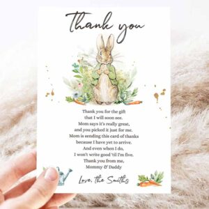 2 editable peter rabbit baby shower thank you card gender neutral rustic spring bunny baby shower digital corjl template printable 0351 1