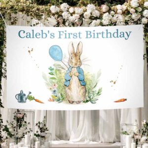 2 editable peter rabbit backdrop banner bunny birthday boy bunny birthday spring watercolor rustic blue download corjl template printable 0351 1