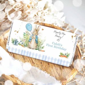 2 editable peter rabbit chocolate bar labels candy bar wrapper bunny rabbit birthday boy blue rustic download corjl template printable 0351 1