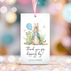 2 editable peter rabbit favor tags bunny thank you tags boy birthday labels thanks hopping by printable instant download corjl template 0351 1