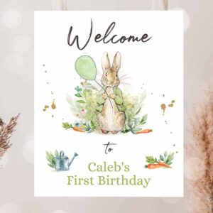 2 editable peter rabbit welcome sign birthday baby shower welcome 1st birthday rabbit bunny gender neutral template corjl printable 0351 1