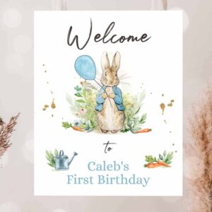 2 editable peter rabbit welcome sign boy birthday baby shower welcome 1st birthday rabbit watercolor bunny template corjl printable 0351 1
