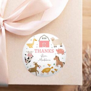 2 editable pink farm animal thank you tags girl birthday barnyard stickers farm birthday decor pink favor tags cow pig template corjl 0436 1