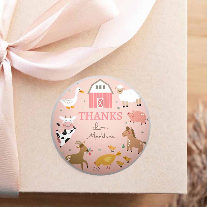 2 Editable Pink Farm Animals Thank you Tags Girl Birthday Barnyard Stickers Farm Birthday Decor Pink Favor Tags Cow Pig Template Corjl 0436
