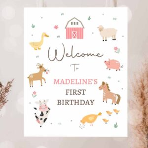 2 editable pink farm birthday welcome sign barnyard birthday welcome sign farm animals birthday sign girl modern template corjl printable 0436 1