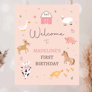 2 editable pink farm birthday welcome sign barnyard party birthday welcome sign farm animals birthday sign girl modern template corjl printable 0436 1