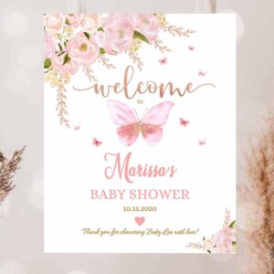 2 editable pink rose gold butterfly baby shower sprinkle sip and see birthday welcome yard sign 1