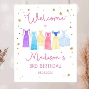 2 editable princess birthday welcome sign girl princess welcome royal dress up party costume pink gold girls template corjl printable 0462 1