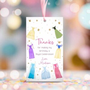 2 editable princess favor tag thank you girl birthday royal party princess dresses costume magical download corjl template printable 0462 1
