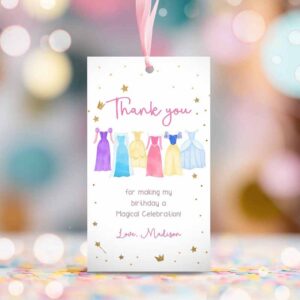 2 editable princess favor tags thank you girl birthday royal party princess dresses costume magical download corjl template printable 0462 1