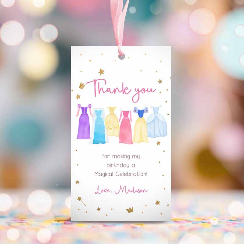 2 editable princess favor tags thank you girl birthday royal party princess dresses costume magical download corjl template printable 0462 1