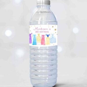 2 editable princess water bottle labels princess birthday party girl dress up royal magical celebration download printable template corjl 0462 1