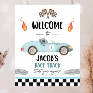 2 editable racing birthday welcome sign race car birthday sign two fast two curious 2nd birthday blue boy decor template corjl printable 0424 1