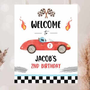 2 editable racing birthday welcome sign race car party birthday sign two fast two curious 2nd birthday red boy decor template corjl printable 0424 1
