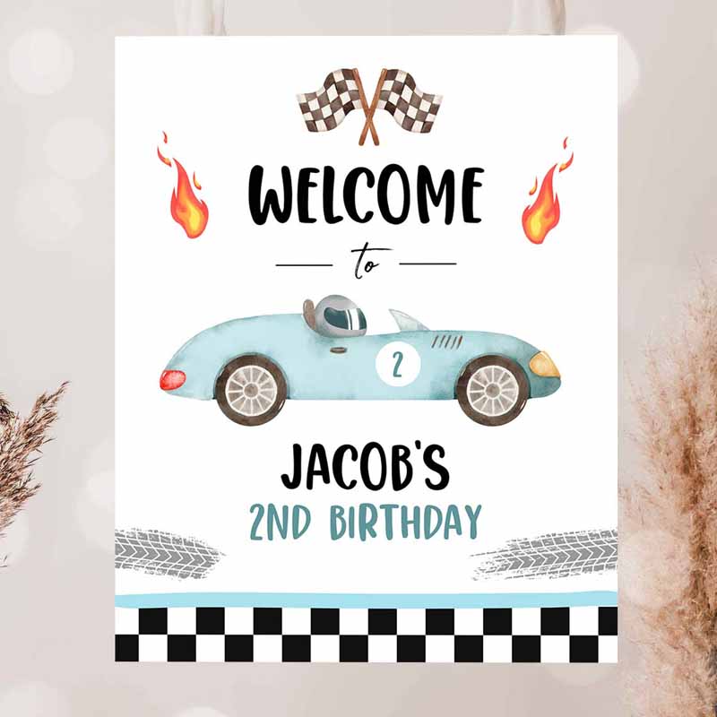 2 Editable Racing Birthday Welcome Sign Race Car Sign Two Fast Two Curious 2nd Birthday Blue Boy Decor Template Corjl PRINTABLE 0424