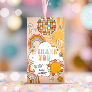 2 editable retro favor tags 1st 2nd groovy birthday thank you tags flower power tags 70s floral hippie template corjl printable 0459 1