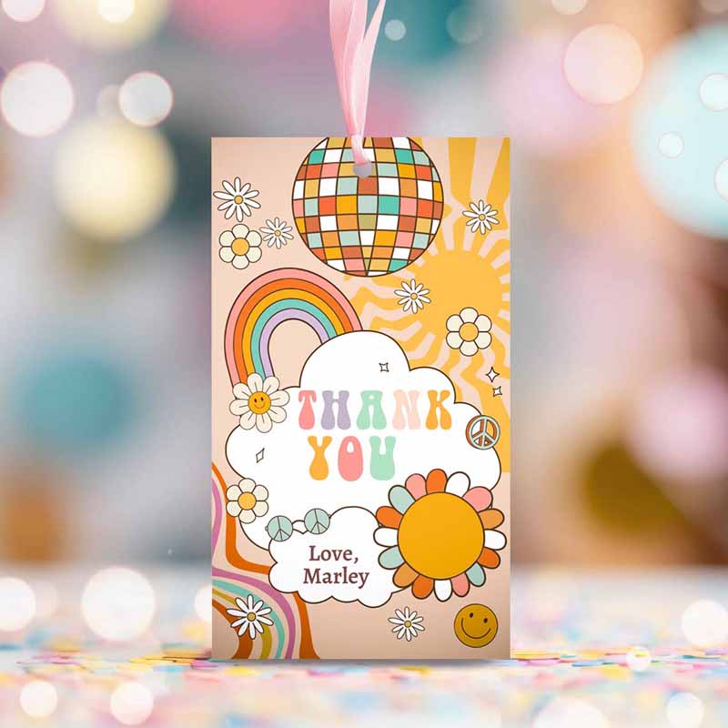2 editable retro favor tags 1st 2nd groovy birthday thank you tags flower power tags 70s floral hippie template corjl printable 0459 1