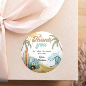 2 editable retro surf favor tag 1st birthday the big one thank you stickers beach party surf up van hippie wave template corjl printable 0433 1