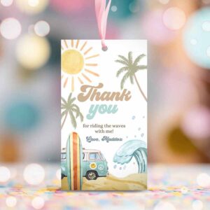 2 editable retro surf favor tag 1st birthday the big one thank you tags beach party surf up van hippie wave template corjl printable 0433 1