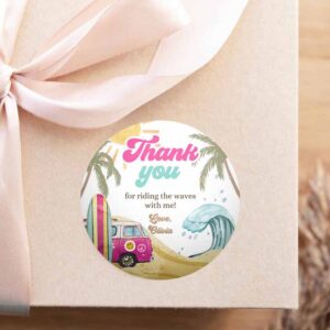 2 editable retro surf favor tags 1st birthday the big one thank you stickers beach party surf up van hippie wave template corjl printable 0433 1