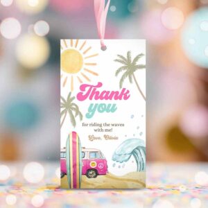 2 editable retro surf favor tags 1st birthday the big one thank you tags beach party surf up van girl pink wave template corjl printable 0433 1