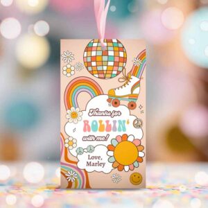 2 editable roller skating favor tag roller skate birthday thank you tags girl retro skate party disco download printable corjl template 0459 1