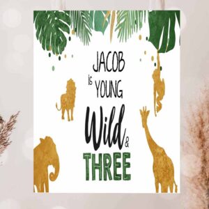 2 editable safari animals birthday backdrop banner boy gold wild and three 3rd birthday welcome sign download corjl template printable 0016 1