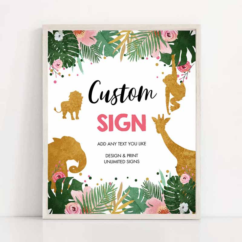 2 Editable Safari Animals Custom Sign Birthday Table Sign Decor Jungle Green Pink Girl Instant Download Corjl Template 8x10 Printable 0016