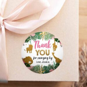 2 editable safari animals favor tags thank you tags wild one round square jungle pink gold gift tag girl pink swinging by corjl template 0016 1