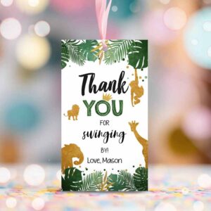 2 editable safari animals favor tags thank you for swinging by wild one label jungle zoo boy green gold gift tag download corjl template 0016 1