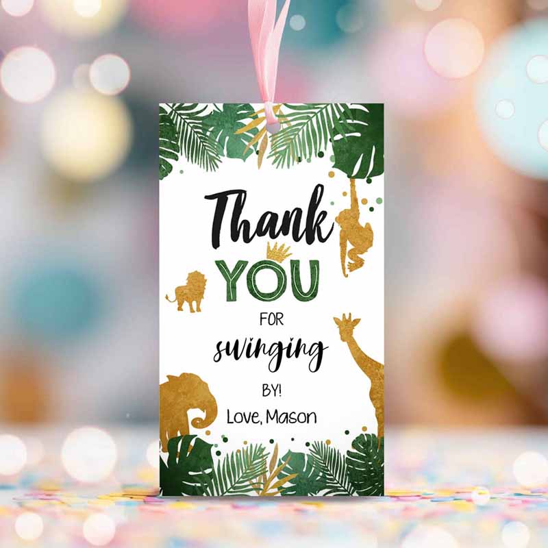 2 editable safari animals favor tags thank you for swinging by wild one label jungle zoo boy green gold gift tag download corjl template 0016 1