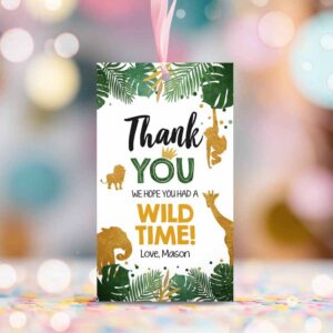 2 editable safari animals favor tags wild one thank you tags wild time label tags jungle boy gold green gift tags zoo corjl template 0016 1