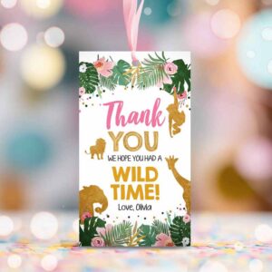 2 editable safari animals favor tags wild one thank you tags wild time label tags jungle girl gold pink gift tags zoo corjl template 0016 1