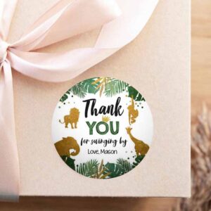 2 editable safari animals thank you tags wild one jungle zoo black gold gift favor swinging by safari round square sticker corjl template 0016 1