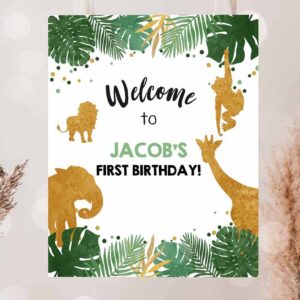 2 editable safari animals welcome sign wild one poster zoo jungle boy first birthday 1st black gold download corjl template printable 0016 1