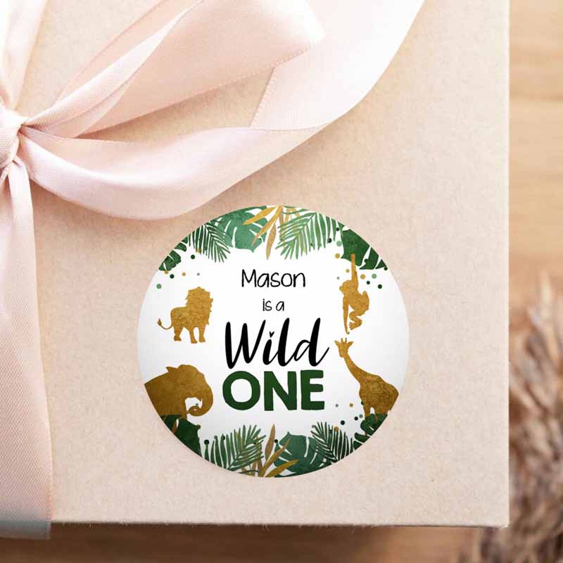 2 editable safari animals wild one tags thank you tag jungle zoo black gold gift favor tag safari round square sticker corjl template 0016 1
