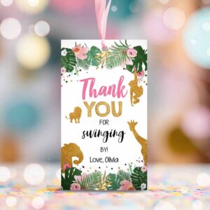 2 editable safari favor tags wild one animals thank you tags swinging by label tags jungle girl gold pink gift tags zoo template corjl 0016 1