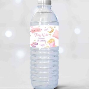 2 editable sleepover birthday party water bottle labels slumber party decor girl pink pizza popcorn download printable template corjl 0447 1