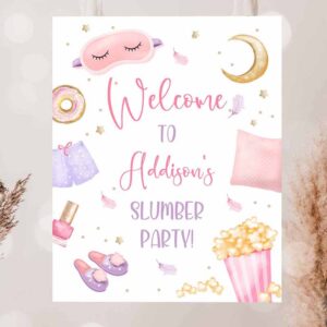 2 editable sleepover birthday welcome sign slumber party poster pajamas movie night sign digital download template printable 16x20 corjl 0447 1