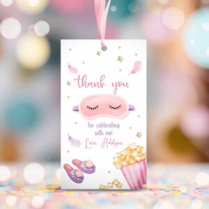 2 editable slumber party thank you tag sleepover favor tags pink girl movie night mask favor tags pajamas labels template printable corjl 0447 1