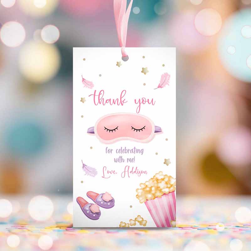 2 editable slumber party thank you tag sleepover favor tags pink girl movie night mask favor tags pajamas labels template printable corjl 0447 1