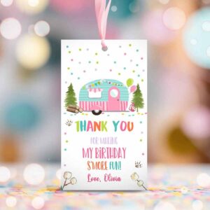 2 editable smore fun favor tags thank you happy camper birthday party favor tags smore fun camping girl pink purple template printable 0342 1