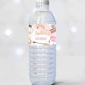 2 editable spa makeup party water labels glitz and glam birthday party blush pink and gold girly glamour party decorations instant download ks 1