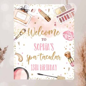 2 editable spa makeup party welcome sign glitz and glam birthday party blush pink and gold girly glamour party decorations instant download ks 1