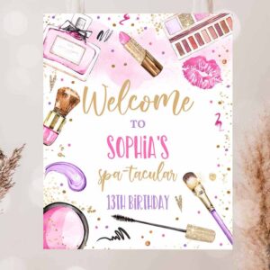 2 editable spa makeup party welcome sign glitz and glam birthday party pink purple gold girly glamour party decorations instant download ks 1