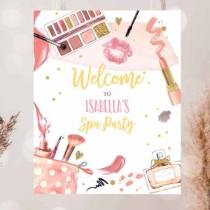 2 editable spa party birthday welcome sign glamour party spa birthday decor girl pink and gold makeup party template corjl printable 0420 1