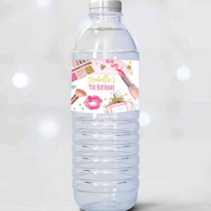 2 editable spa party water bottle labels spa birthday party girl glamour glitz and glam makeup party download printable template corjl 0420 1