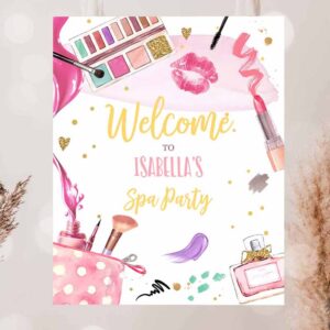 2 editable spa party welcome sign glamour party spa birthday decor girl pink and gold makeup party template corjl printable 0420 1