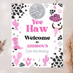 2 editable space cowgirl birthday party welcome sign pink disco cowgirl party nashville rodeo birthday party any age party instant download ul 1